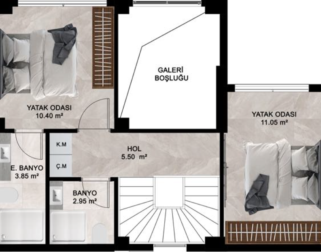 2+1 villa üst kat planı