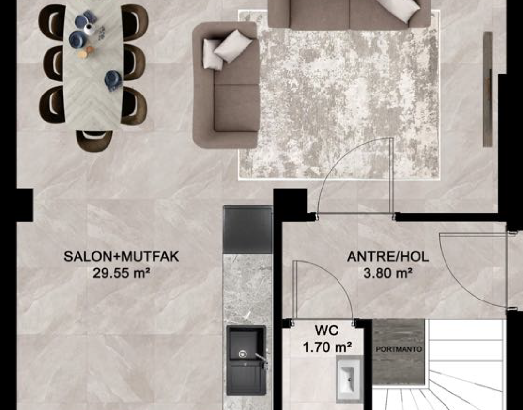2+1 villa zemin kat planı
